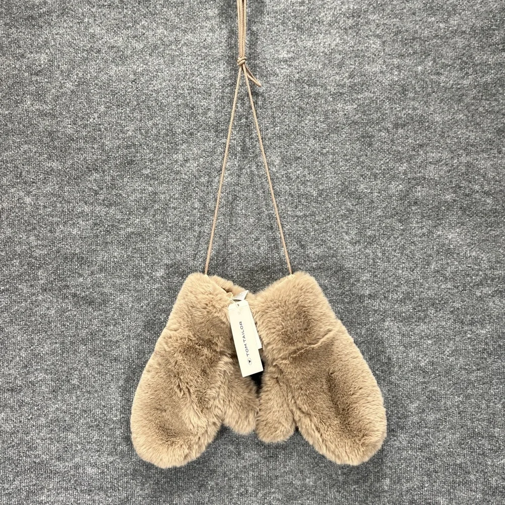 NEW Tom Tailor Women's Faux Fur Mittens Gloves Beige Brown Cozy Warm Winter